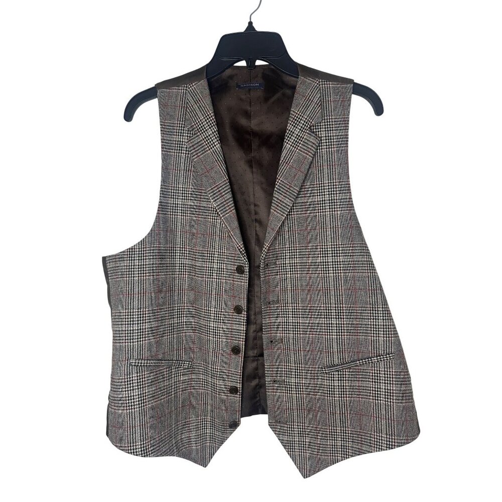 Madison Mens Medium Glen Plaid Vest Brown Satin Back & Dotted Lining Irish Style
